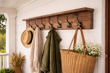 Load image into Gallery viewer, Rustic Handmade Coat Rack with Shelf: Heavy Duty Cast Iron Hooks