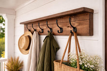 Load image into Gallery viewer, Rustic Handmade Coat Rack with Shelf: Heavy Duty Cast Iron Hooks
