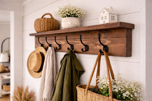 Load image into Gallery viewer, Rustic Handmade Coat Rack with Shelf: Heavy Duty Cast Iron Hooks
