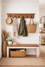 Load image into Gallery viewer, Rustic Wooden Coat Rack with Shelf, Farmhouse Entryway Organiser, Cast Iron Hooks
