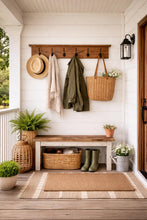 Load image into Gallery viewer, Rustic Wooden Coat Rack with Shelf, Farmhouse Entryway Organiser, Cast Iron Hooks

