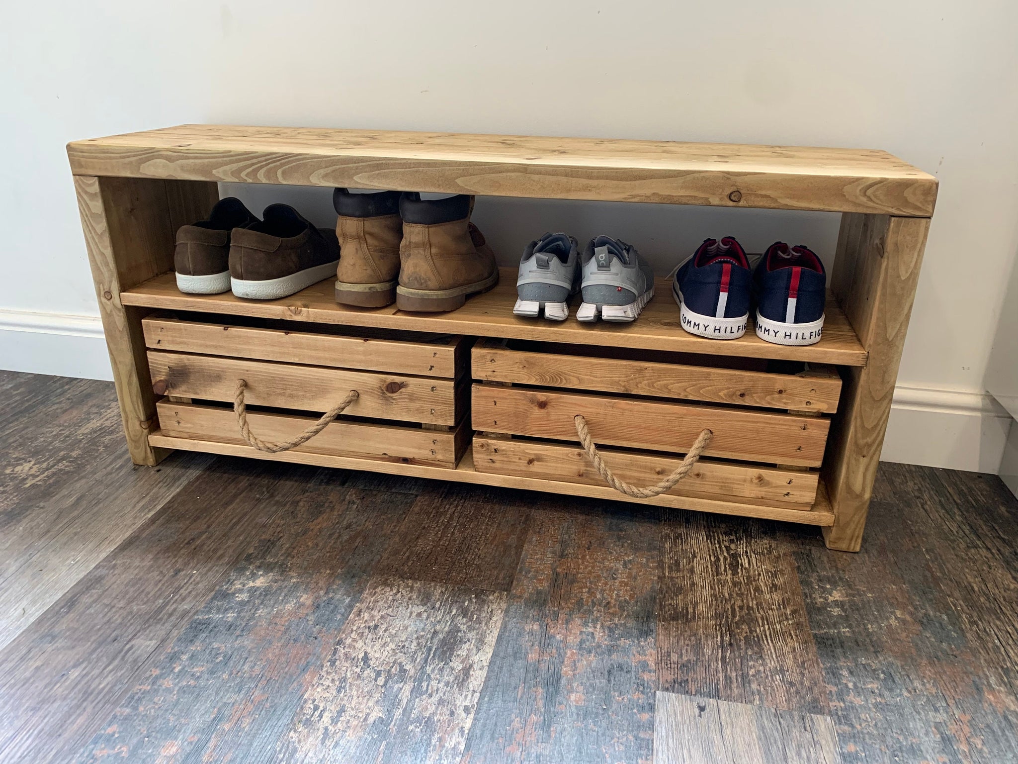 Handmade Wooden Rustic Shoe Rack Boot Storage Bench With Storage Crates